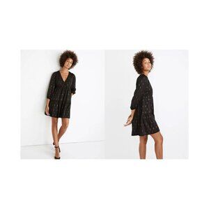 Madewell Black & Gold Metallic Jacquard Faux Wrap Tiered Mini Dress Small NWOT